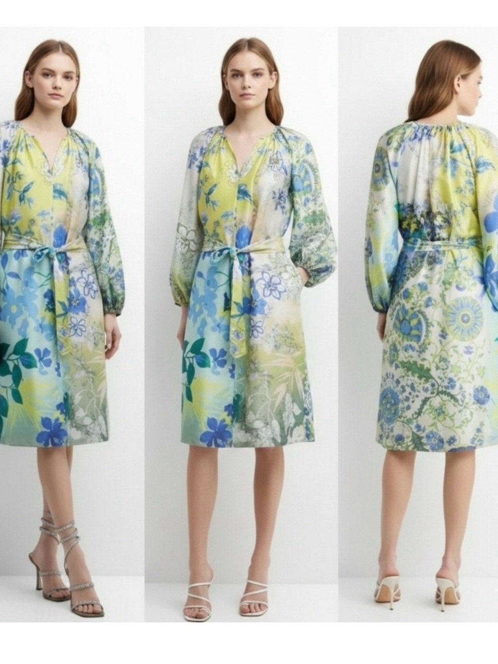 Kobi Halperin Yellow and Blue Floral V-Neck Belted Midi Dress